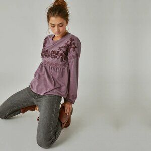 2/$30 Lucky Brand Embroidered Long Sleeve Babydoll Top Huckleberry XXL #BAG1
